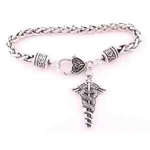Caduceus Wheat Link Chain Bracelet Silver Charm Medical Symbol Doctor RN DR